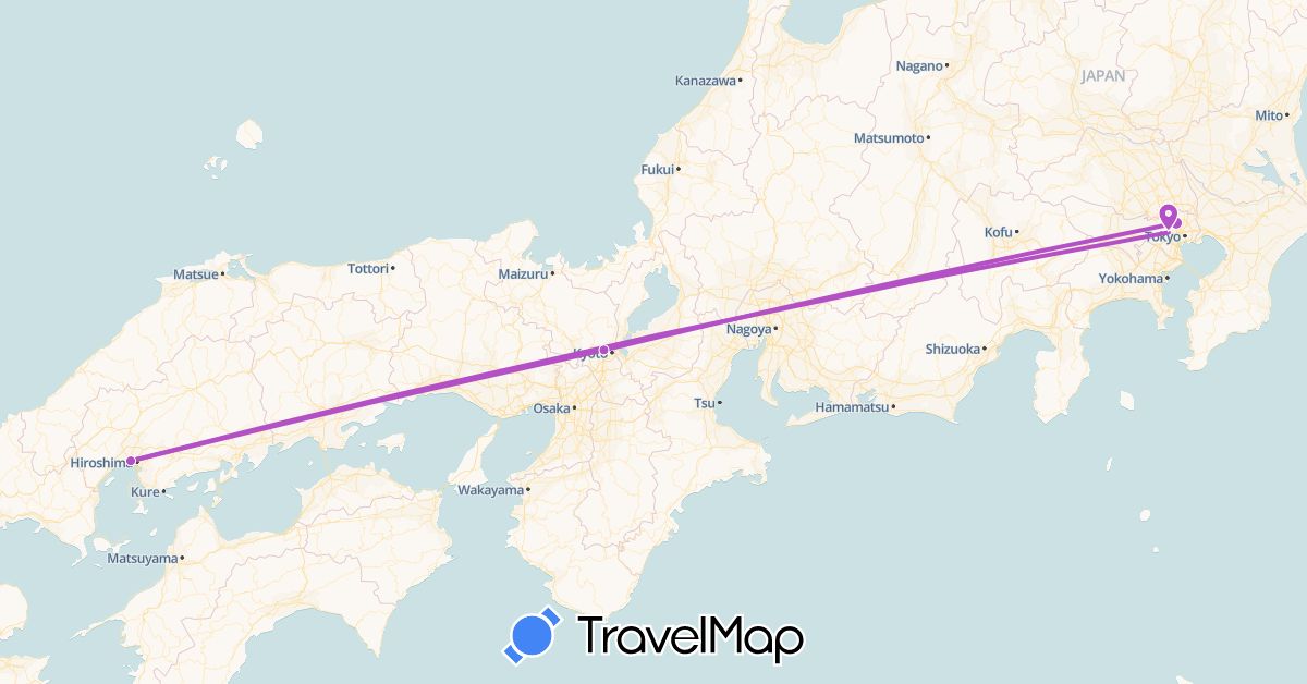 TravelMap itinerary: plane, train in Japan (Asia)